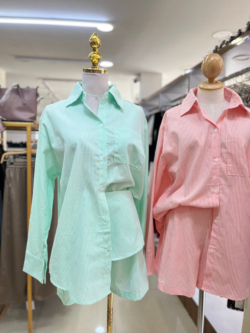 Casual Collar Down Stripes Shirts With Short Sets